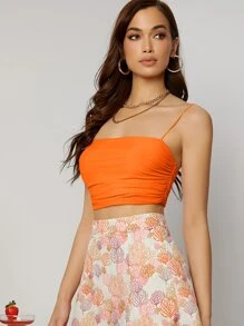 SHEIN BAE 素色側收褶吊帶短上衣 - 橘色 - 查看 3