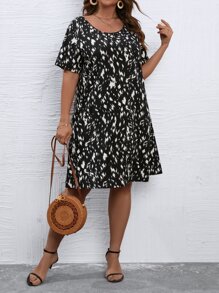 SHEIN LUNE Plus Allover Print Dress - Black and White - View 1