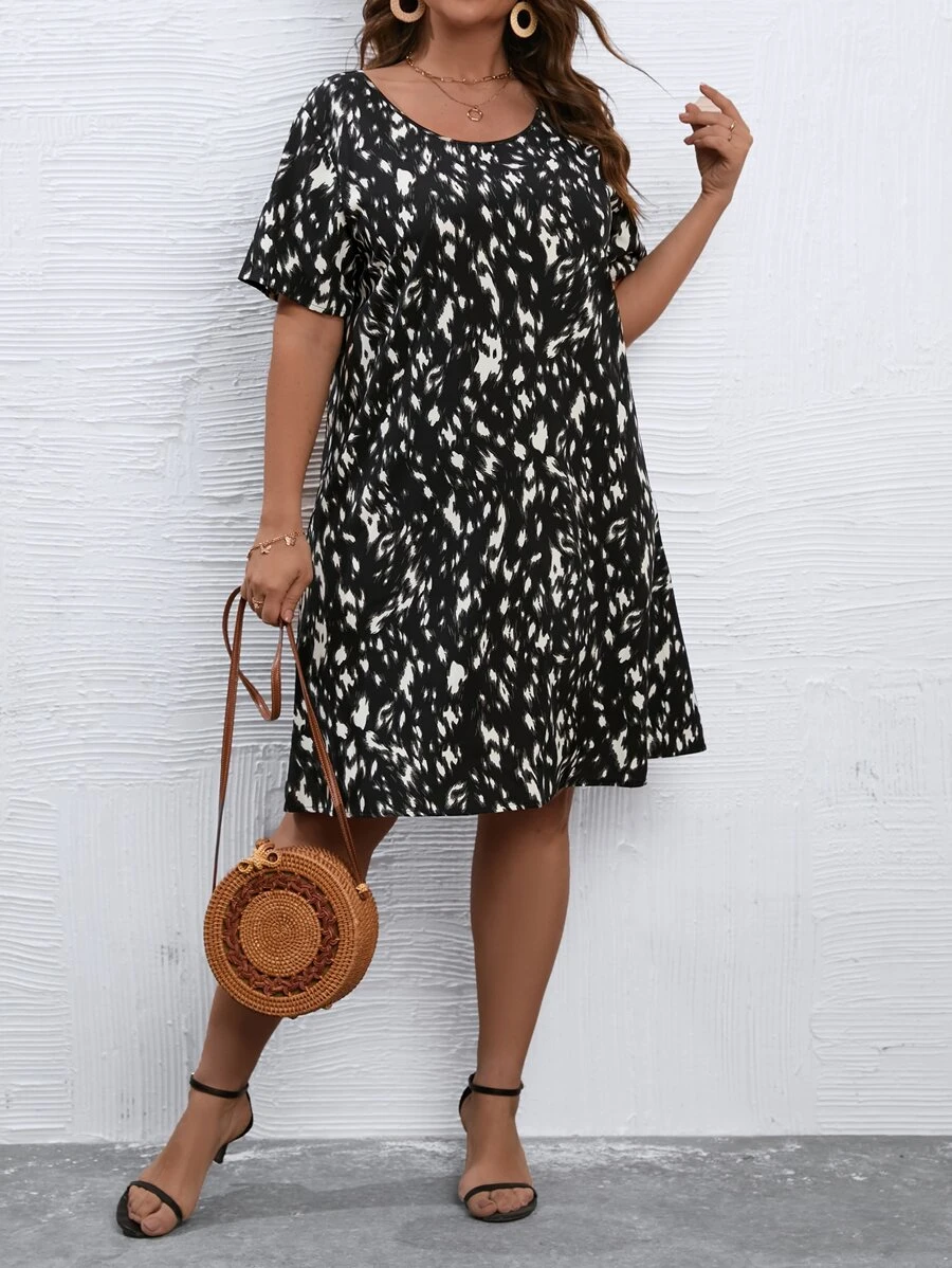 SHEIN LUNE Plus Allover Print Dress - Black and White - View 1