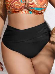 SHEIN Swim Curve 大码褶皱高腰比基尼泳裤 夏季 - 黑色 - 查看 1
