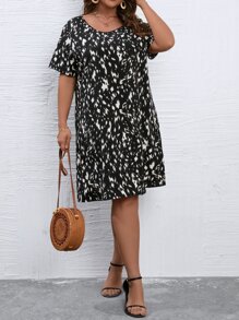 SHEIN LUNE Plus Allover Print Dress - Black and White - View 4