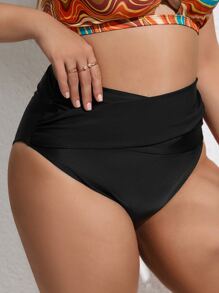 SHEIN Swim Curve 大码褶皱高腰比基尼泳裤 夏季 - 黑色 - 查看 3