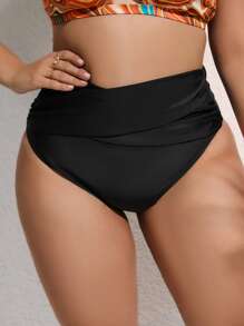 SHEIN Swim Curve 大码褶皱高腰比基尼泳裤 夏季 - 黑色 - 查看 4