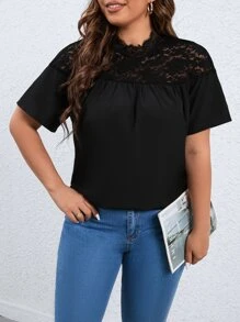 SHEIN Clasi Plus Mock Neck Contrast Lace Blouse - Black - View 5
