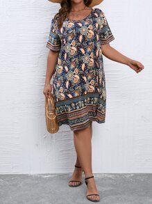 SHEIN LUNE Plus Floral Print Tunic Dress For Summer - Multicolor - View 3