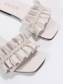 女士平底凉鞋法式时尚圆头一脚蹬拖鞋，2024 年新款夏季海滩度假休闲拖鞋情人节 - 白色 - 查看 6