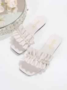 女士平底凉鞋法式时尚圆头一脚蹬拖鞋，2024 年新款夏季海滩度假休闲拖鞋情人节 - 白色 - 查看 8