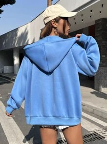 SHEIN EZwear Letter Graphic Drop Shoulder Zip Up Hoodie In Fall/Winter - Blue - View 2
