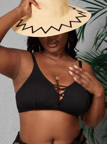 Celure Top bikini tejido de canalé con tira cruzada delantera - Negro - Ver 5