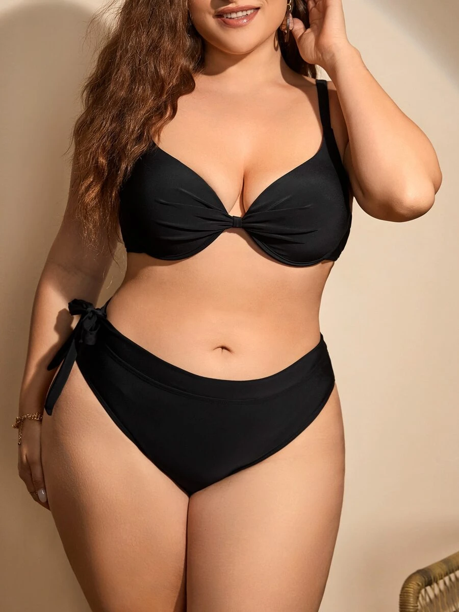 SHEIN Swim Curve Plus Size Solid Knot Side Bikini Set Summer Beach - Black - View 1