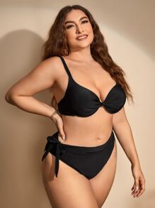 SHEIN Swim Curve Plus Size Solid Knot Side Bikini Set Summer Beach - Black - View 3