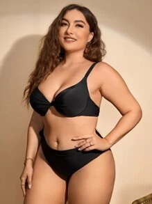SHEIN Swim Curve Plus Size Solid Knot Side Bikini Set Summer Beach - Black - View 4