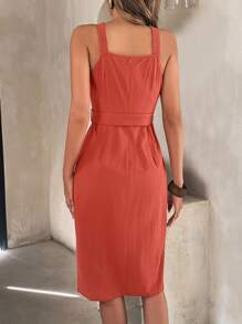SHEIN LUNE 後拉鏈紐扣細節吊帶繫腰帶連衣裙 - 橘色 - 查看 2