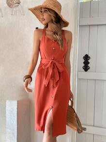 SHEIN LUNE 後拉鏈紐扣細節吊帶繫腰帶連衣裙 - 橘色 - 查看 3