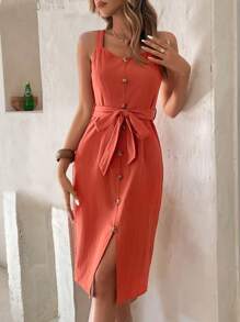 SHEIN LUNE 後拉鏈紐扣細節吊帶繫腰帶連衣裙 - 橘色 - 查看 6