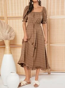 SHEIN VCAY Vestido de cuello cuadrado de manga farol ribete con fruncido