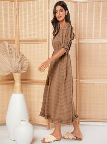 SHEIN VCAY Vestido de cuello cuadrado de manga farol ribete con fruncido