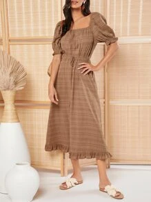 SHEIN VCAY Vestido de cuello cuadrado de manga farol ribete con fruncido