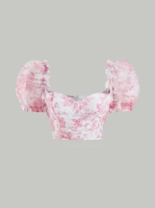 SHEIN MOD Áo sơ mi nữ viền lá sen Dây kéo Hoa Boho - Nhiều màu - Xem 1