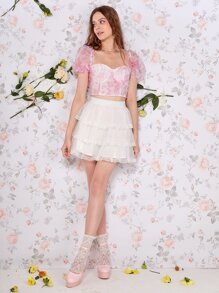 SHEIN MOD Áo sơ mi nữ viền lá sen Dây kéo Hoa Boho - Nhiều màu - Xem 2