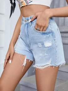 SHEIN EZwear Ripped Raw Hem Denim Shorts - Light Wash - View 6
