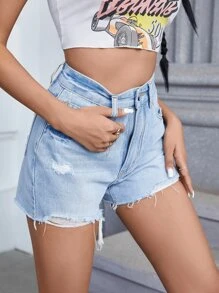 SHEIN EZwear Ripped Raw Hem Denim Shorts - Light Wash - View 5