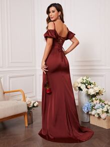 挖肩後背繫帶高衩伴娘連衣裙 - 酒紅色 - 查看 1