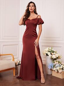 挖肩後背繫帶高衩伴娘連衣裙 - 酒紅色 - 查看 2