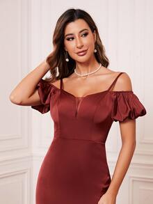 挖肩後背繫帶高衩伴娘連衣裙 - 酒紅色 - 查看 5