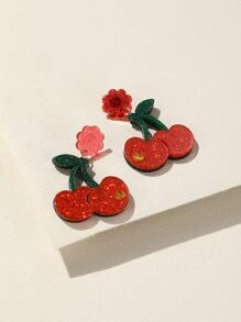 2pcs Cherry & Flower Decor Earrings - Multicolor - View 1