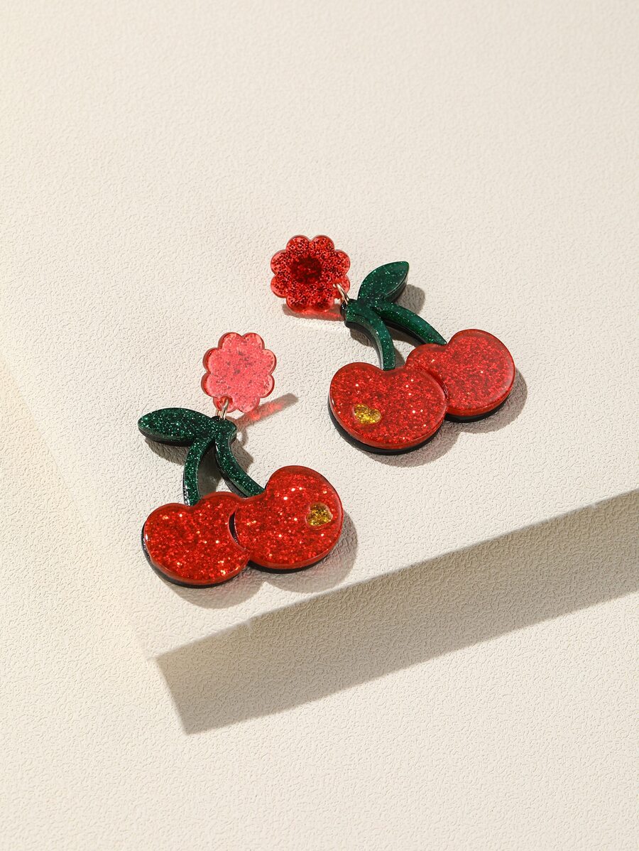 2pcs Cherry & Flower Decor Earrings - Multicolor - View 1