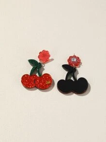 2pcs Cherry & Flower Decor Earrings - Multicolor - View 2