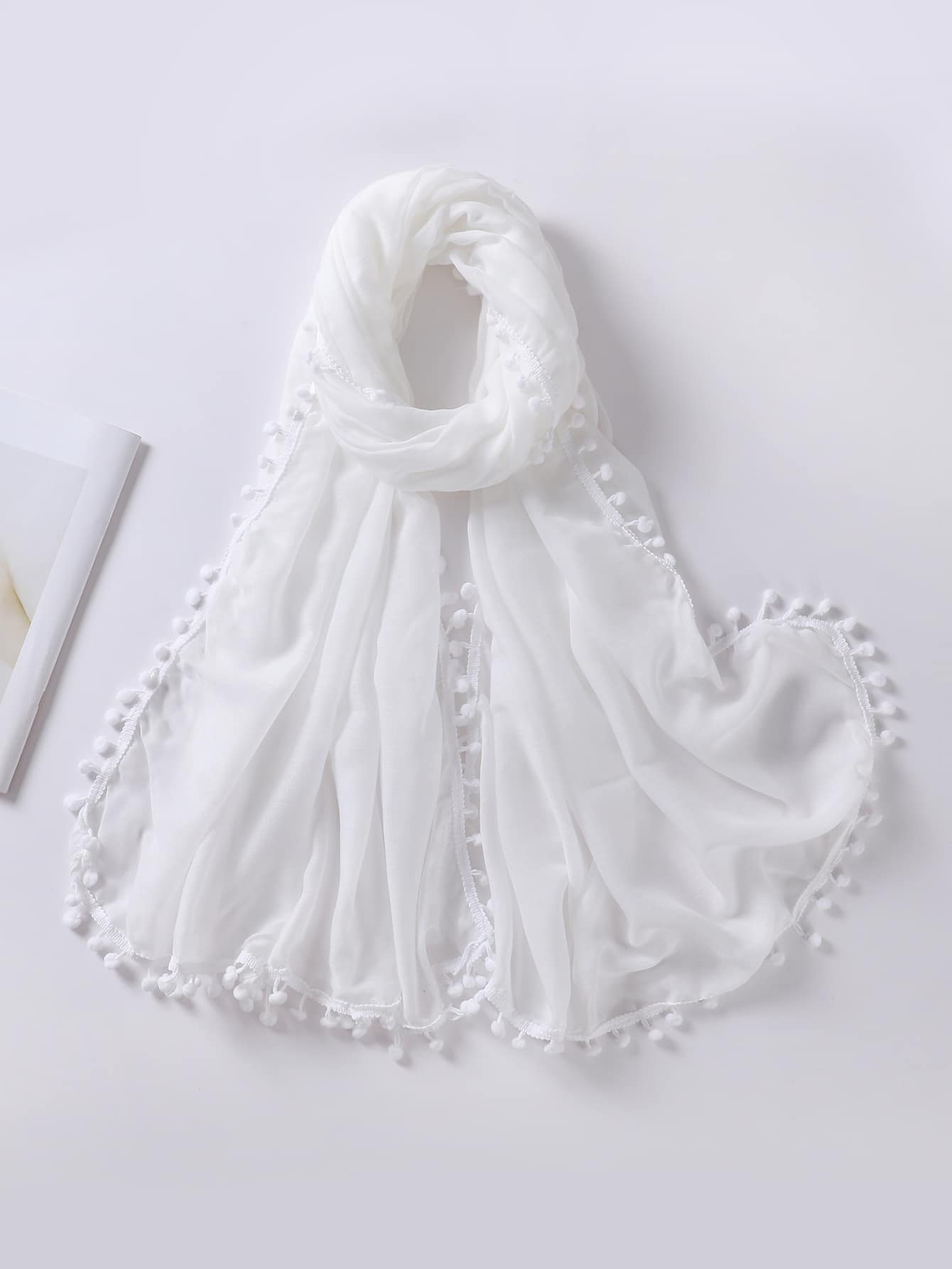 Pom Pom Trim Scarf - White - View 1