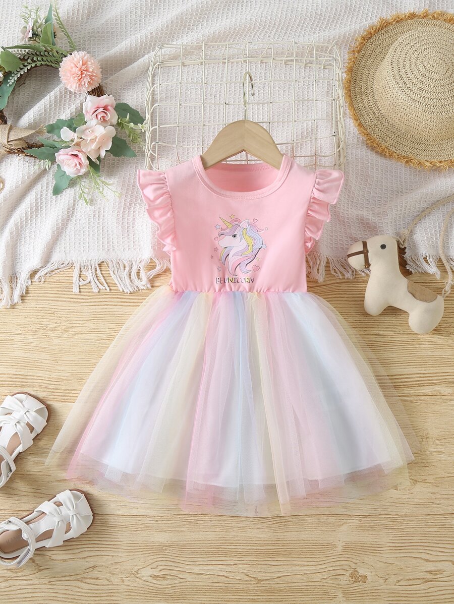 SHEIN Young Girl Pink Ombre Mesh Cartoon Cute Round Neck Ruffle Sleeve Dress For Summer - Pink - View 1