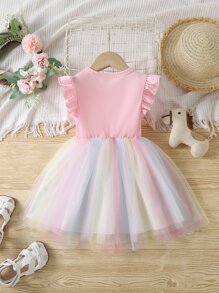 SHEIN Young Girl Pink Ombre Mesh Cartoon Cute Round Neck Ruffle Sleeve Dress For Summer - Pink - View 2