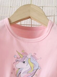 SHEIN Young Girl Pink Ombre Mesh Cartoon Cute Round Neck Ruffle Sleeve Dress For Summer - Pink - View 3