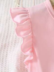 SHEIN Young Girl Pink Ombre Mesh Cartoon Cute Round Neck Ruffle Sleeve Dress For Summer - Pink - View 4