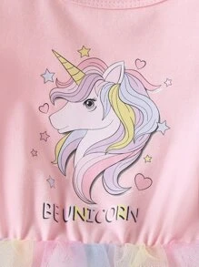 SHEIN Young Girl Pink Ombre Mesh Cartoon Cute Round Neck Ruffle Sleeve Dress For Summer - Pink - View 5