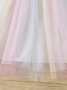 SHEIN Young Girl Pink Ombre Mesh Cartoon Cute Round Neck Ruffle Sleeve Dress For Summer - Pink - View 6