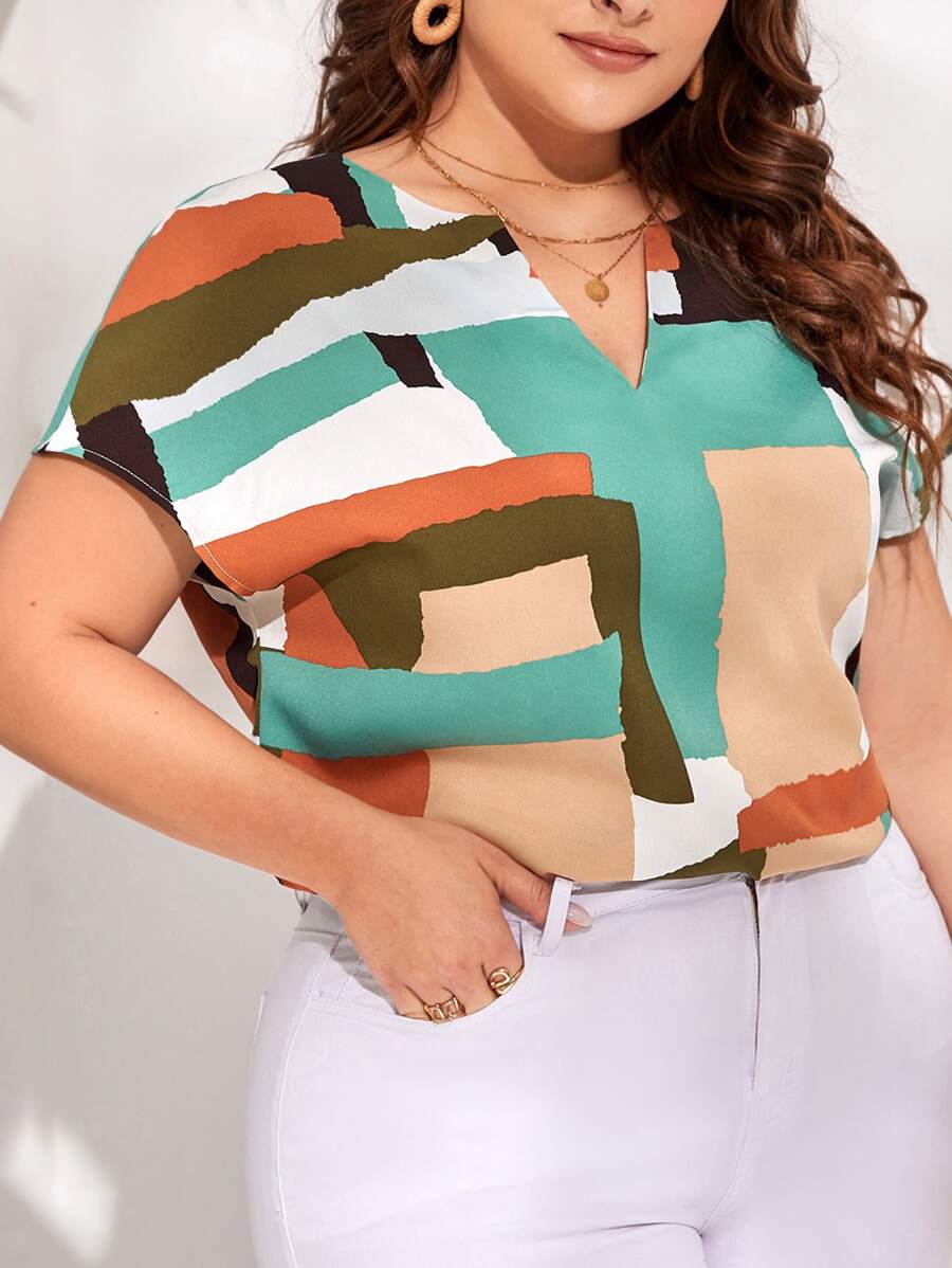 Chikora Plus Geo Print Notched Neckline Blouse, Summer - Multicolor - View 1