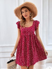 SHEIN VCAY 滿版心形印花荷葉邊連衣裙