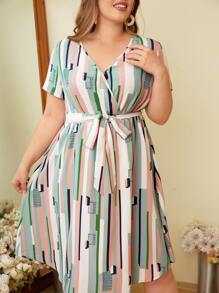 SHEIN Clasi Plus 1pc Striped Print Belted Dress For Summer - Multicolor - View 3