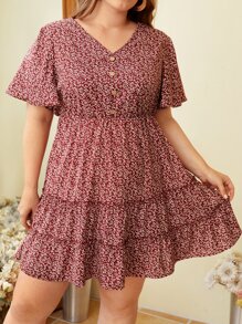 SHEIN VCAY Plus 1pc Allover Plants Print Ruffle Hem Dress - Red and White - View 1