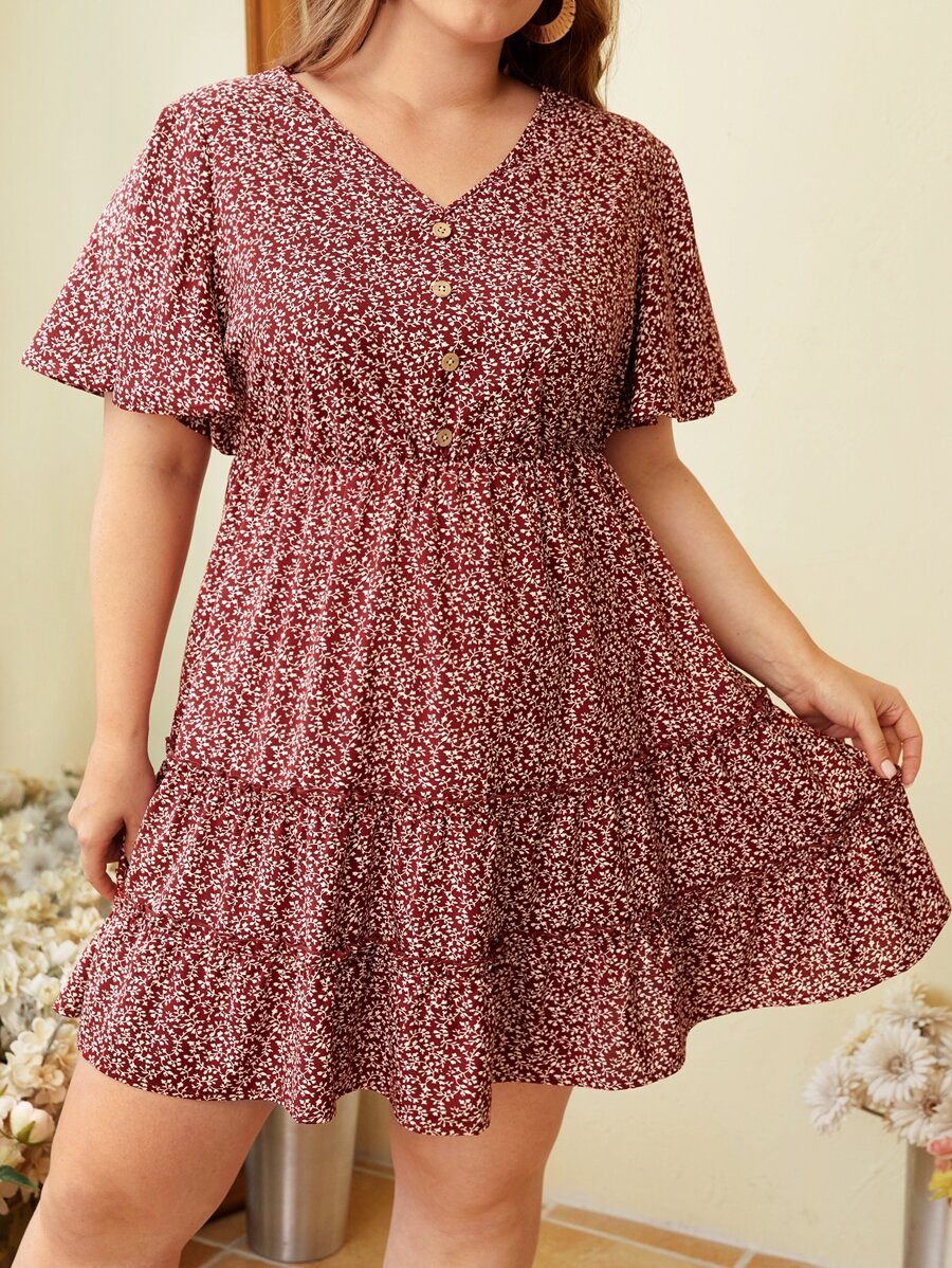 SHEIN VCAY Plus 1pc Allover Plants Print Ruffle Hem Dress - Red and White - View 1