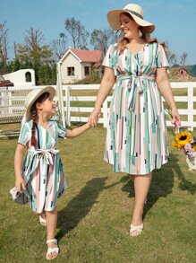 SHEIN Clasi Plus 1pc Striped Print Belted Dress For Summer - Multicolor - View 7