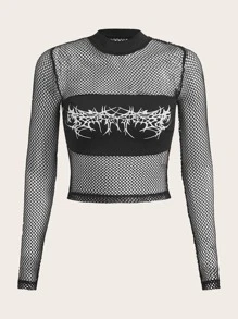 SHEIN ICON Graphic Fishnet Insert Top - Black - View 1
