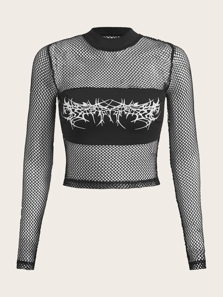 SHEIN ICON Graphic Fishnet Insert Top - Black - View 1