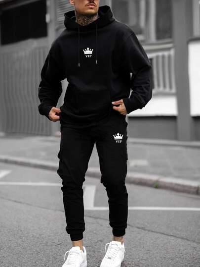 هودي وبنطلون رياضي بطباعة أحرف رباط للرجال