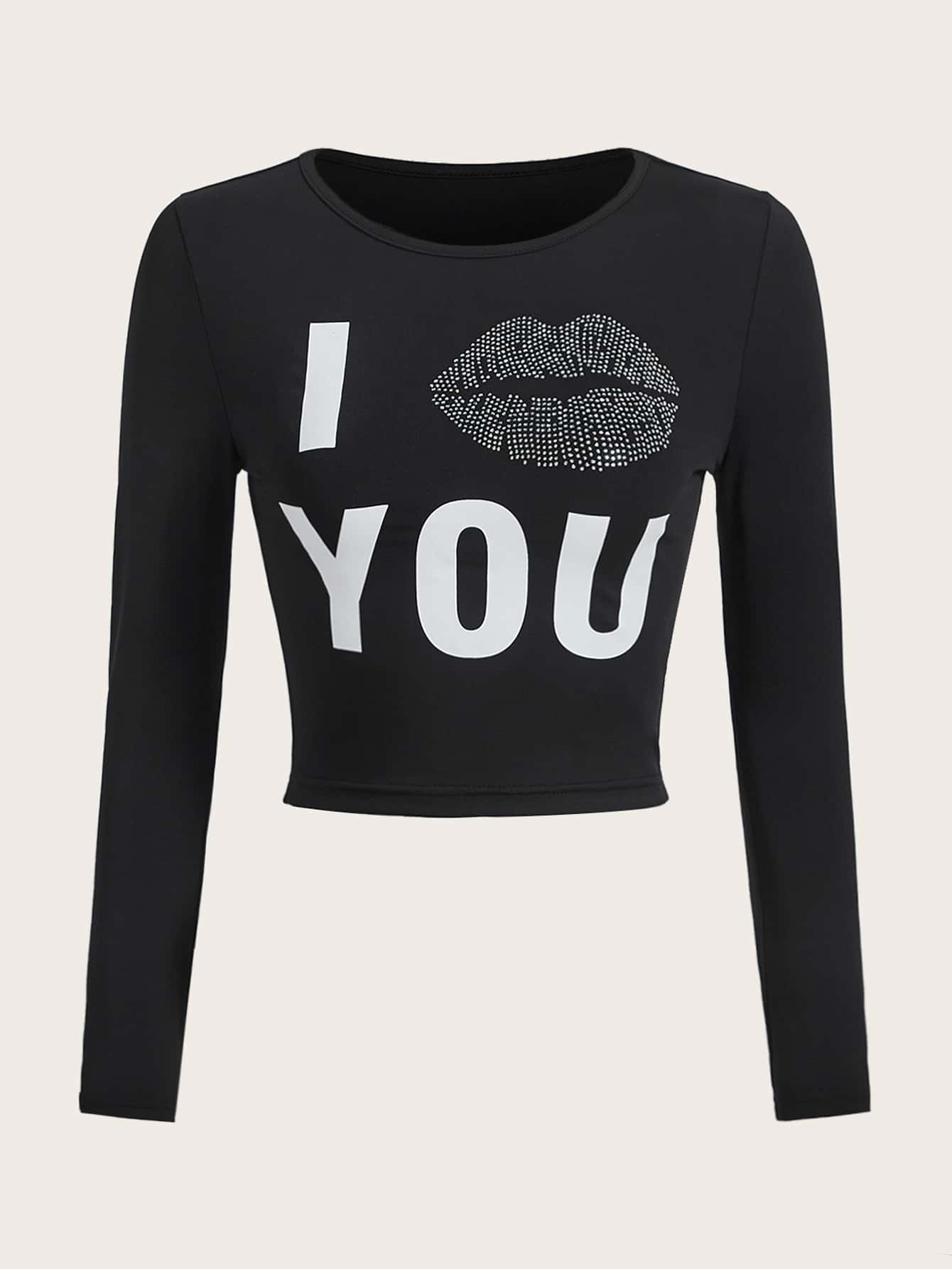 SHEIN ICON Lip & Letter Graphic Crop Tee - Black - View 1