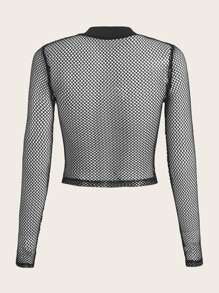SHEIN ICON Graphic Fishnet Insert Top - Black - View 2